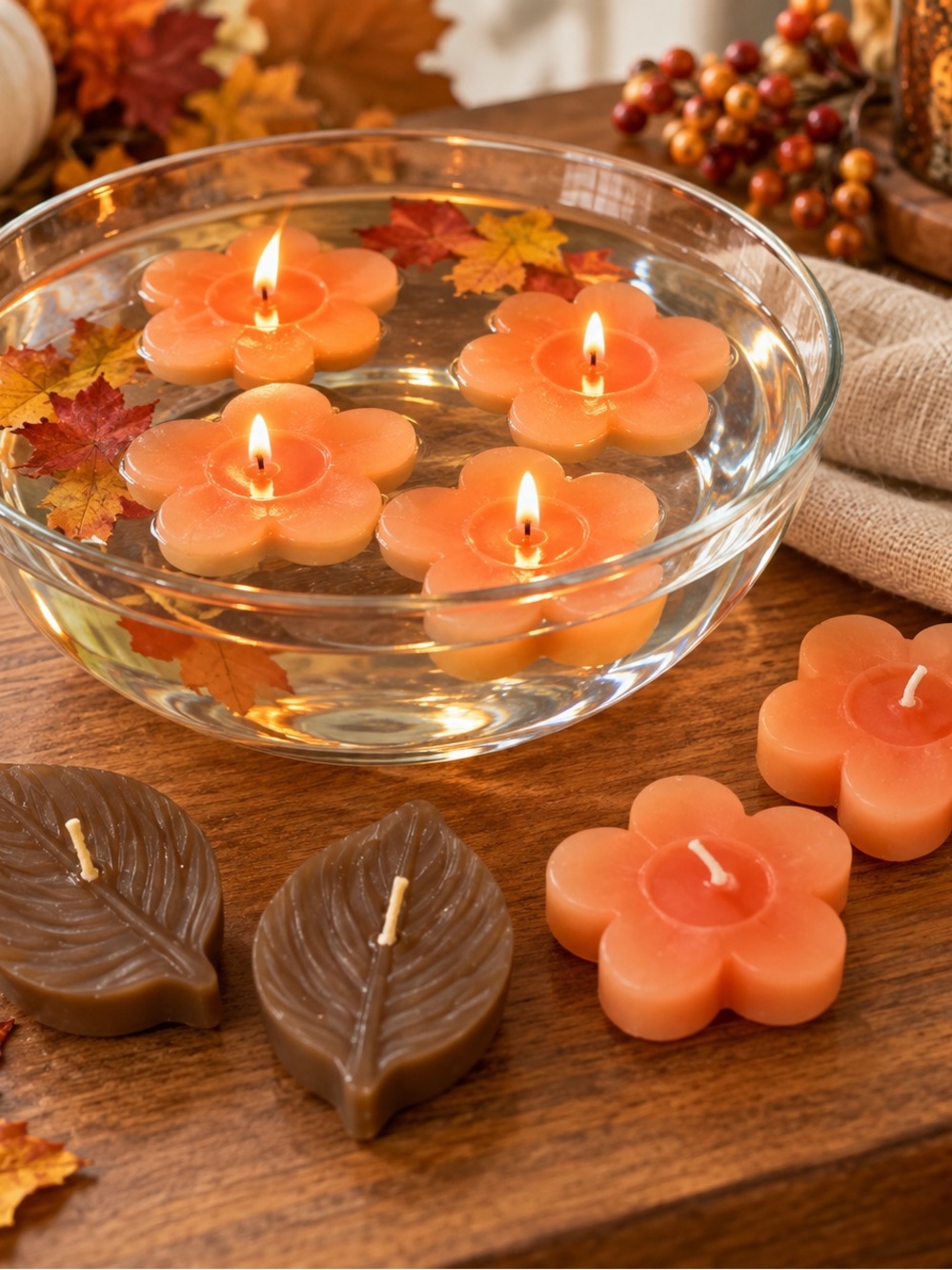 NWT Floating Flower and Leaf Candles - Orange